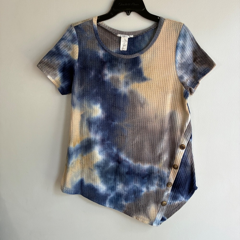 Nouvida Waffle Knit Top Women XL Blue Tie‎ Dye Asymmetrical Button Boho Tee